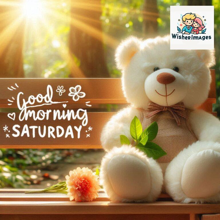 Good-morning-Saturday-free-whatsapp-images-download-A-cute-teddy-bear-reclining-on-a-wooden-bench-An-orange-flower-rests-on-the-bench