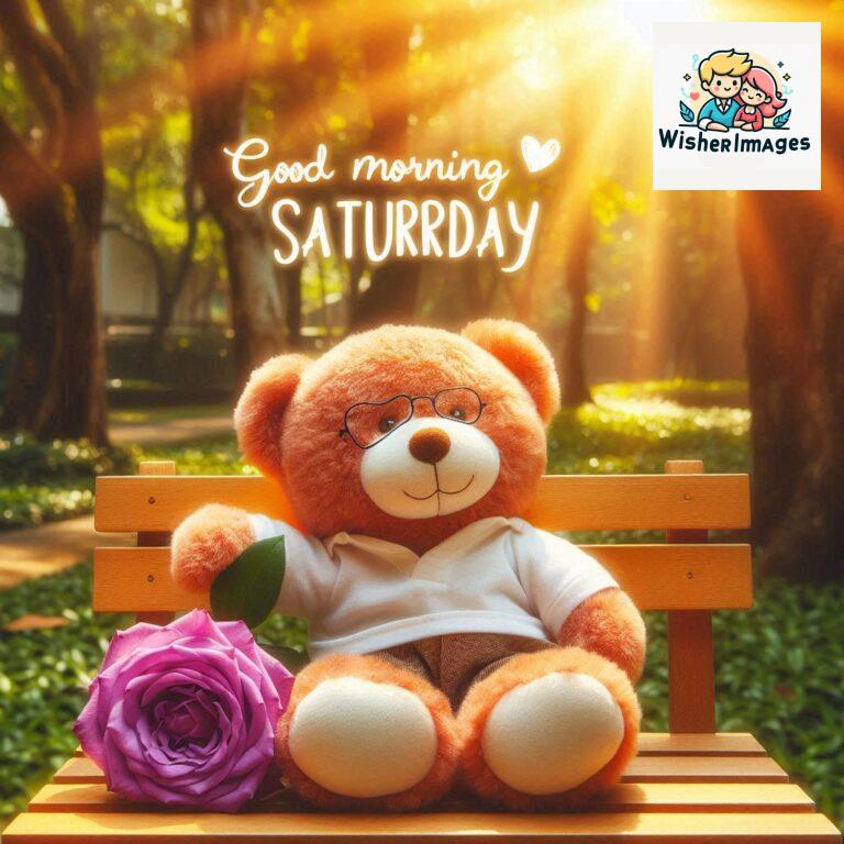 Good-morning-Saturday-free-whatsapp-images-download-A-cute-teddy-bear-reclining-on-a-wooden-bench-An-orange-flower-rests-on-the-bench_0