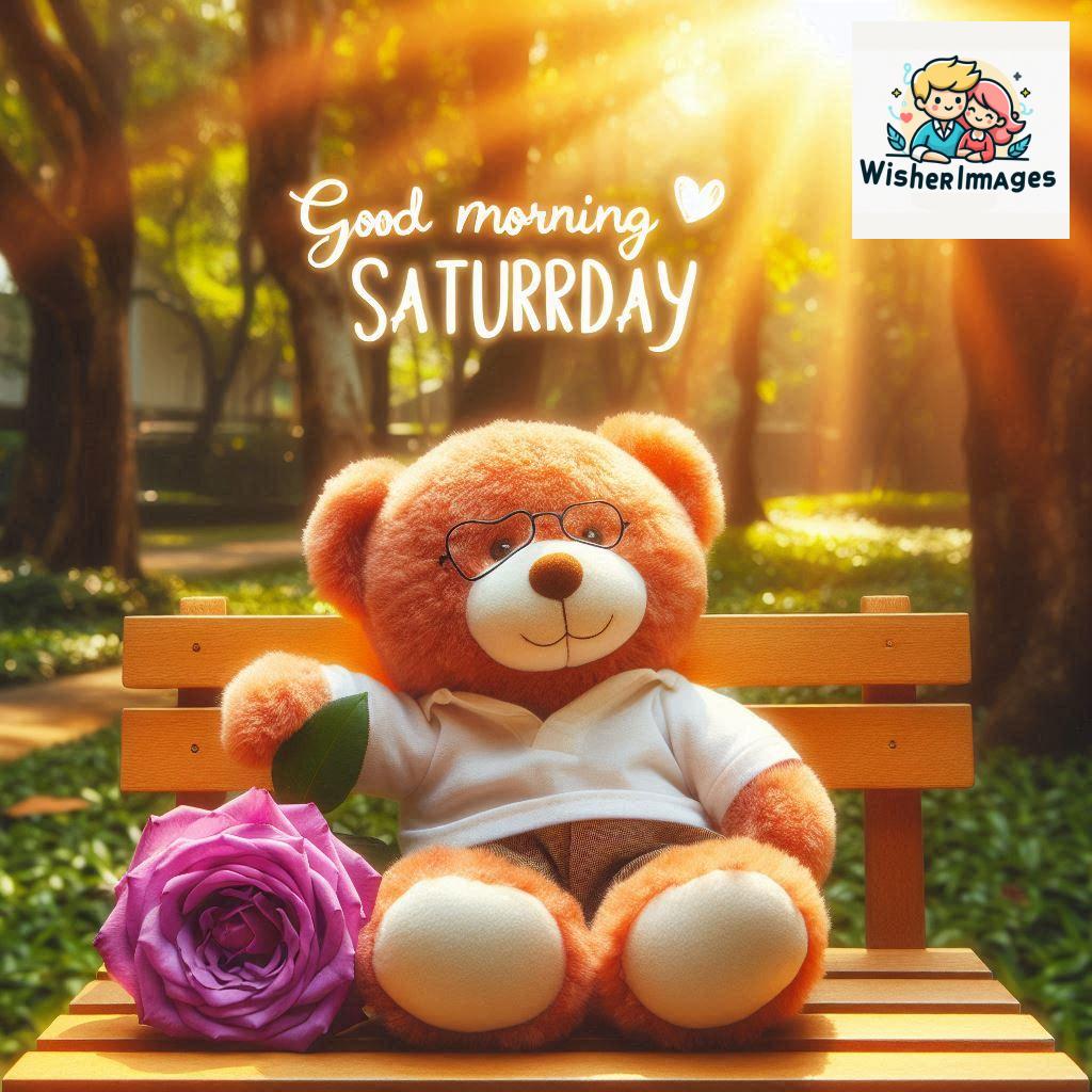 Good morning Saturday free whatsapp images download A cute teddy bear reclining on a wooden bench An orange flower rests on the bench (0)