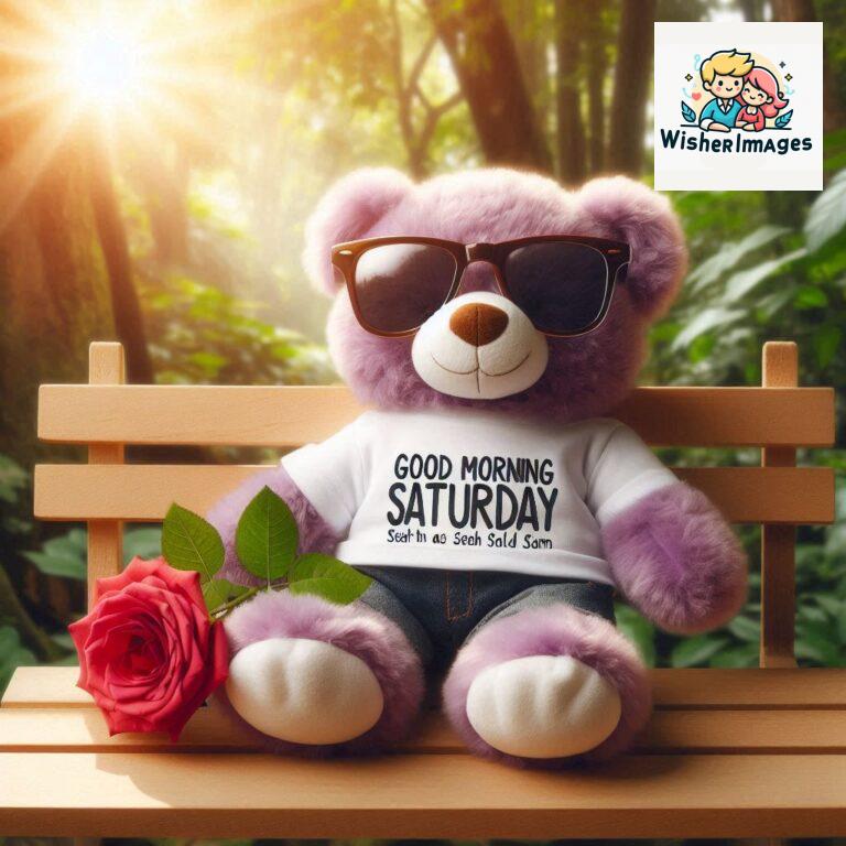 Good-morning-Saturday-free-whatsapp-images-download-A-cute-teddy-bear-reclining-on-a-wooden-bench-An-orange-flower-rests-on-the-bench_1