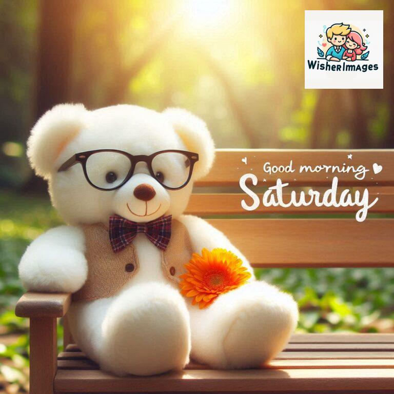 Good-morning-Saturday-free-whatsapp-images-download-A-cute-teddy-bear-reclining-on-a-wooden-bench-An-orange-flower-rests-on-the-bench_10