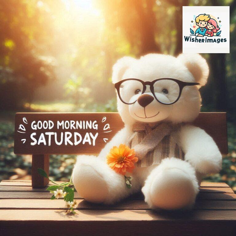 Good-morning-Saturday-free-whatsapp-images-download-A-cute-teddy-bear-reclining-on-a-wooden-bench-An-orange-flower-rests-on-the-bench_100