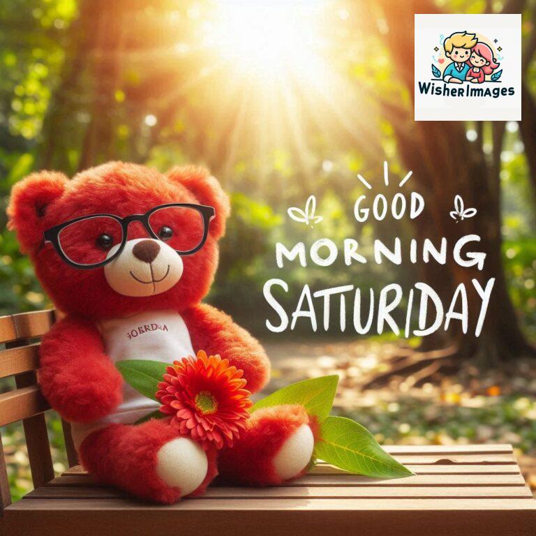 Good-morning-Saturday-free-whatsapp-images-download-A-cute-teddy-bear-reclining-on-a-wooden-bench-An-orange-flower-rests-on-the-bench_101