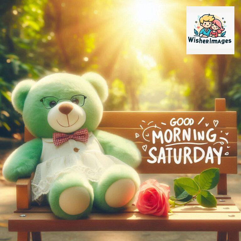 Good-morning-Saturday-free-whatsapp-images-download-A-cute-teddy-bear-reclining-on-a-wooden-bench-An-orange-flower-rests-on-the-bench_102