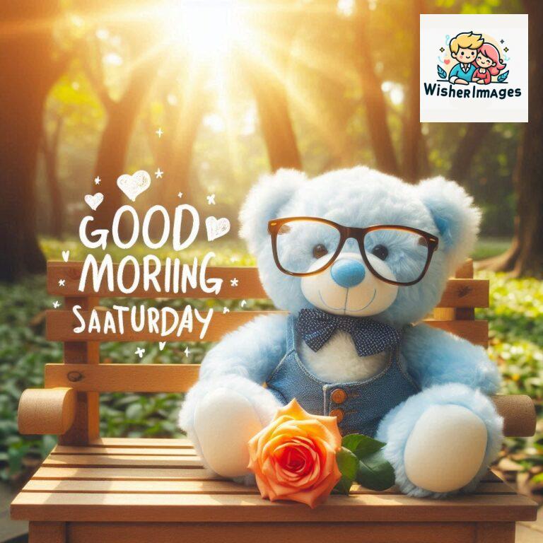 Good-morning-Saturday-free-whatsapp-images-download-A-cute-teddy-bear-reclining-on-a-wooden-bench-An-orange-flower-rests-on-the-bench_103