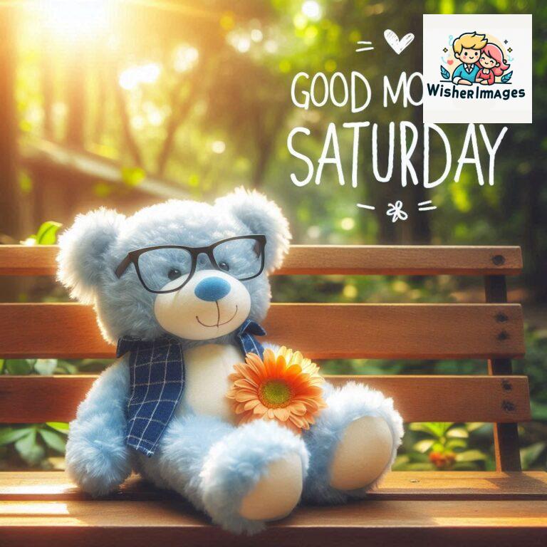 Good-morning-Saturday-free-whatsapp-images-download-A-cute-teddy-bear-reclining-on-a-wooden-bench-An-orange-flower-rests-on-the-bench_104