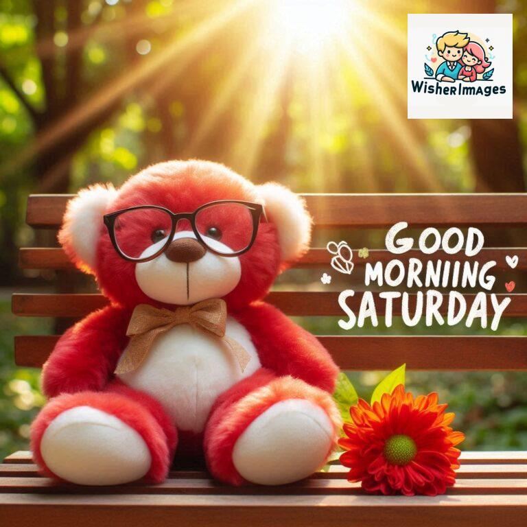 Good-morning-Saturday-free-whatsapp-images-download-A-cute-teddy-bear-reclining-on-a-wooden-bench-An-orange-flower-rests-on-the-bench_105