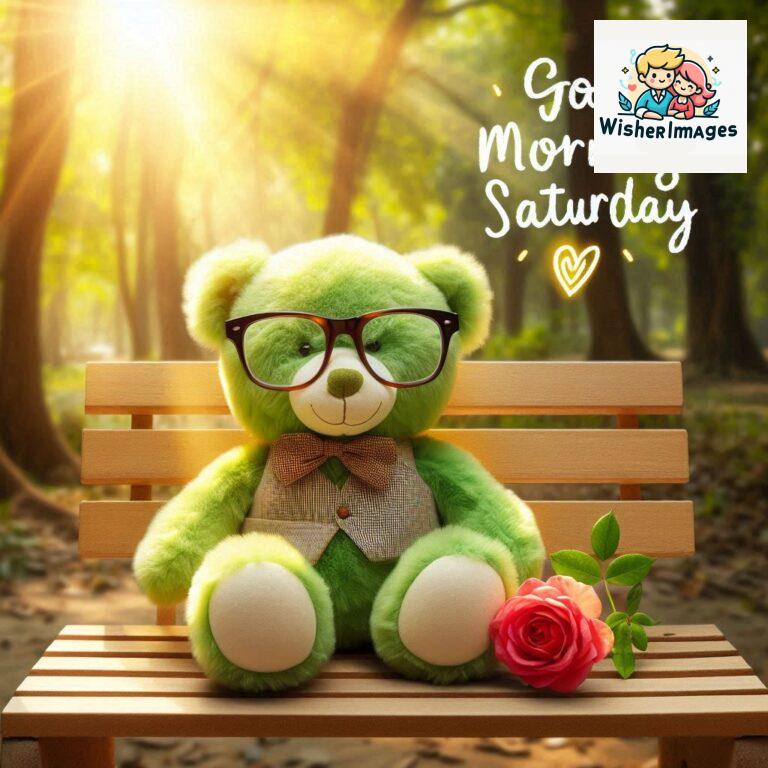 Good-morning-Saturday-free-whatsapp-images-download-A-cute-teddy-bear-reclining-on-a-wooden-bench-An-orange-flower-rests-on-the-bench_106