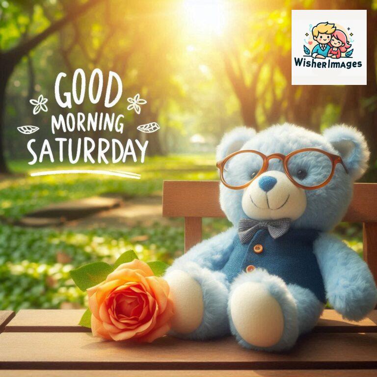 Good-morning-Saturday-free-whatsapp-images-download-A-cute-teddy-bear-reclining-on-a-wooden-bench-An-orange-flower-rests-on-the-bench_108