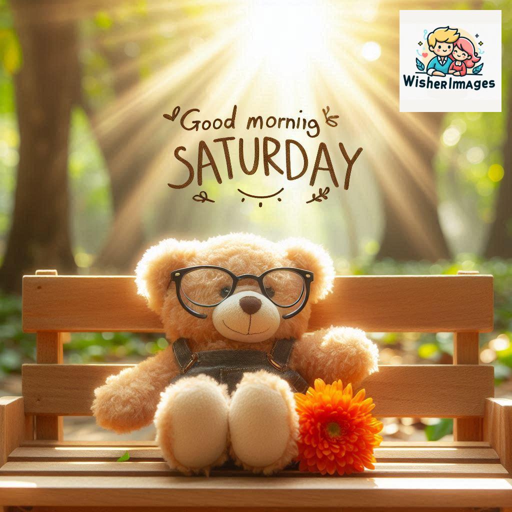 Good morning Saturday free whatsapp images download A cute teddy bear reclining on a wooden bench An orange flower rests on the bench (109)