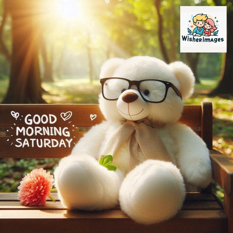 Good-morning-Saturday-free-whatsapp-images-download-A-cute-teddy-bear-reclining-on-a-wooden-bench-An-orange-flower-rests-on-the-bench_11