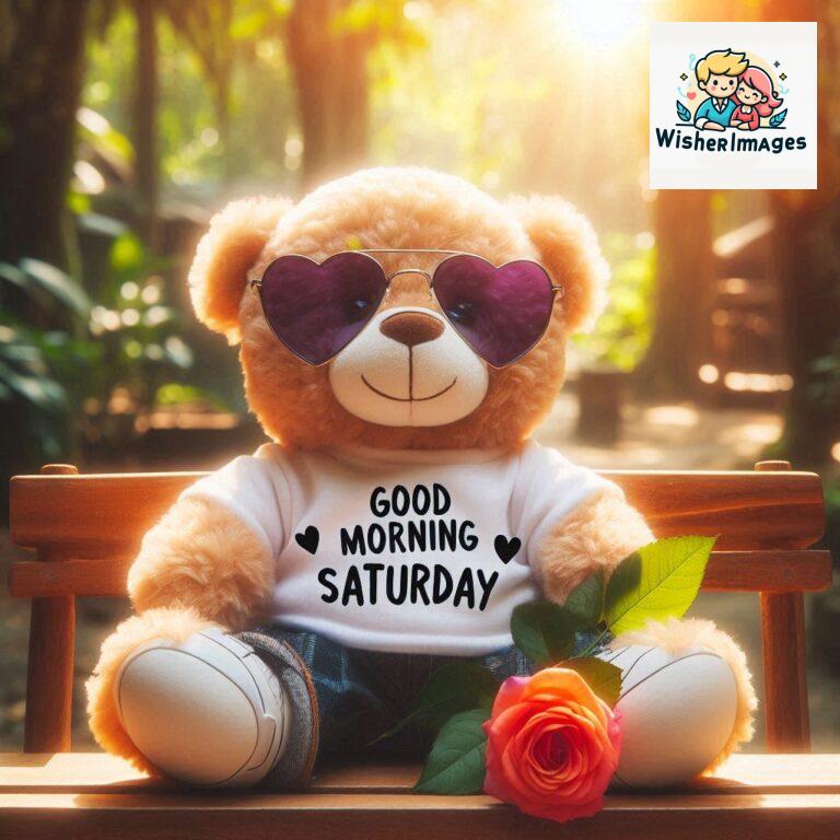 Good-morning-Saturday-free-whatsapp-images-download-A-cute-teddy-bear-reclining-on-a-wooden-bench-An-orange-flower-rests-on-the-bench_111