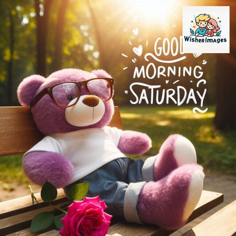 Good-morning-Saturday-free-whatsapp-images-download-A-cute-teddy-bear-reclining-on-a-wooden-bench-An-orange-flower-rests-on-the-bench_112