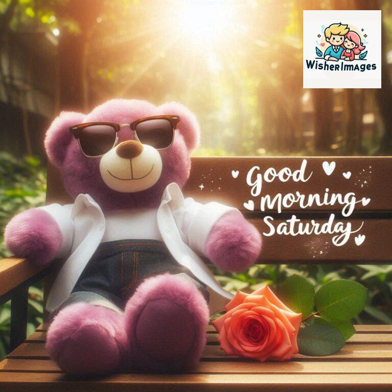 Good-morning-Saturday-free-whatsapp-images-download-A-cute-teddy-bear-reclining-on-a-wooden-bench-An-orange-flower-rests-on-the-bench_113