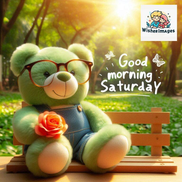 Good-morning-Saturday-free-whatsapp-images-download-A-cute-teddy-bear-reclining-on-a-wooden-bench-An-orange-flower-rests-on-the-bench_115