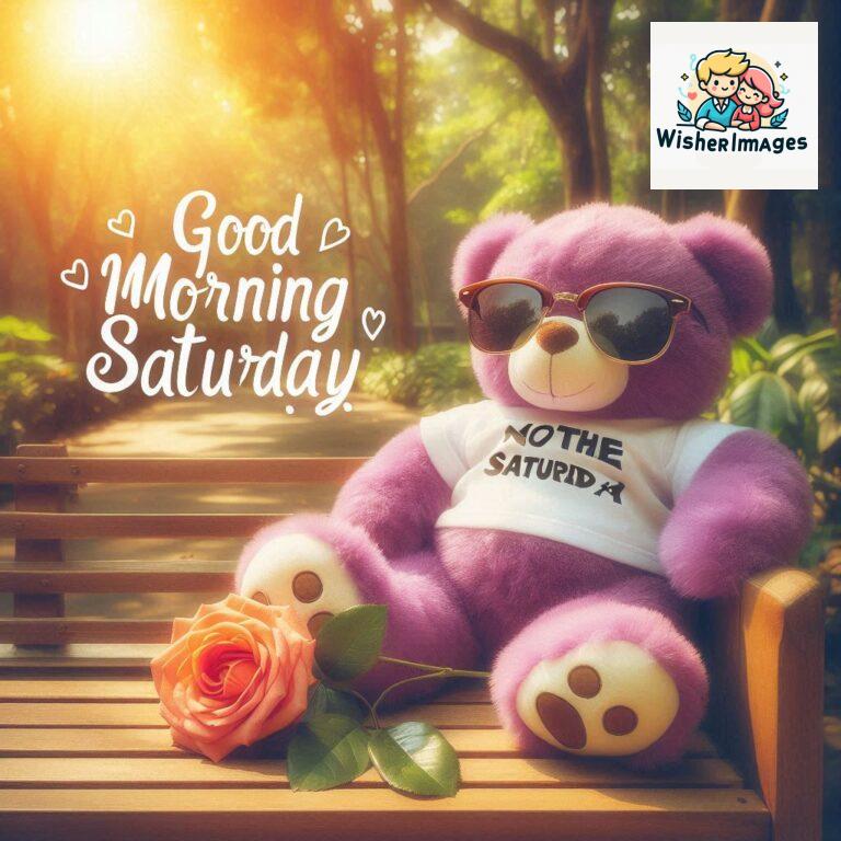 Good-morning-Saturday-free-whatsapp-images-download-A-cute-teddy-bear-reclining-on-a-wooden-bench-An-orange-flower-rests-on-the-bench_116