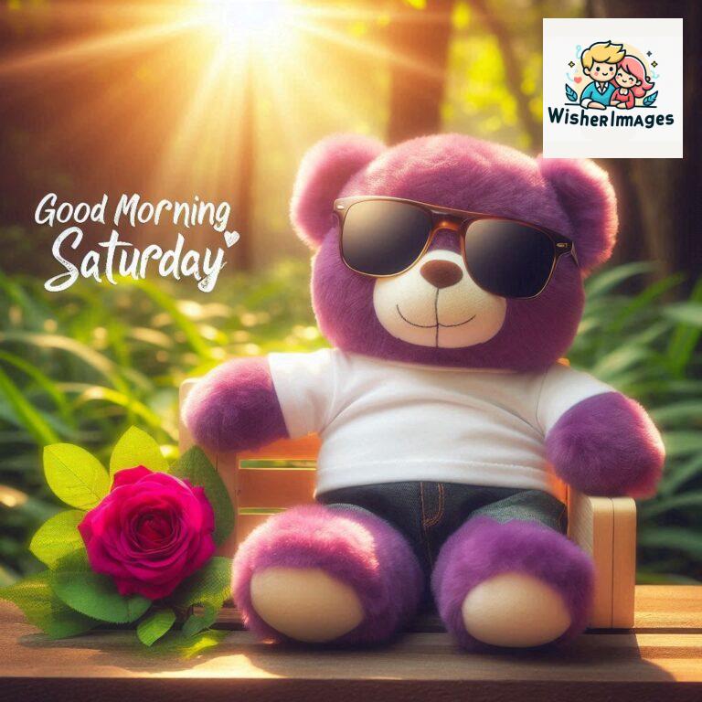 Good-morning-Saturday-free-whatsapp-images-download-A-cute-teddy-bear-reclining-on-a-wooden-bench-An-orange-flower-rests-on-the-bench_117