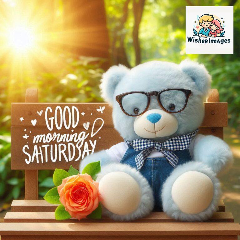 Good-morning-Saturday-free-whatsapp-images-download-A-cute-teddy-bear-reclining-on-a-wooden-bench-An-orange-flower-rests-on-the-bench_120