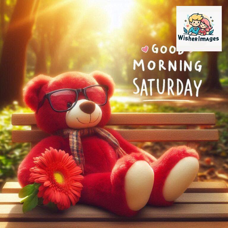 Good-morning-Saturday-free-whatsapp-images-download-A-cute-teddy-bear-reclining-on-a-wooden-bench-An-orange-flower-rests-on-the-bench_121