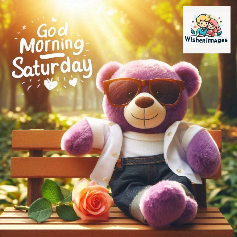 Good-morning-Saturday-free-whatsapp-images-download-A-cute-teddy-bear-reclining-on-a-wooden-bench-An-orange-flower-rests-on-the-bench_122