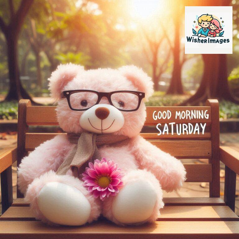 Good-morning-Saturday-free-whatsapp-images-download-A-cute-teddy-bear-reclining-on-a-wooden-bench-An-orange-flower-rests-on-the-bench_123