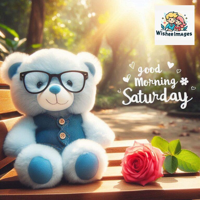 Good-morning-Saturday-free-whatsapp-images-download-A-cute-teddy-bear-reclining-on-a-wooden-bench-An-orange-flower-rests-on-the-bench_124