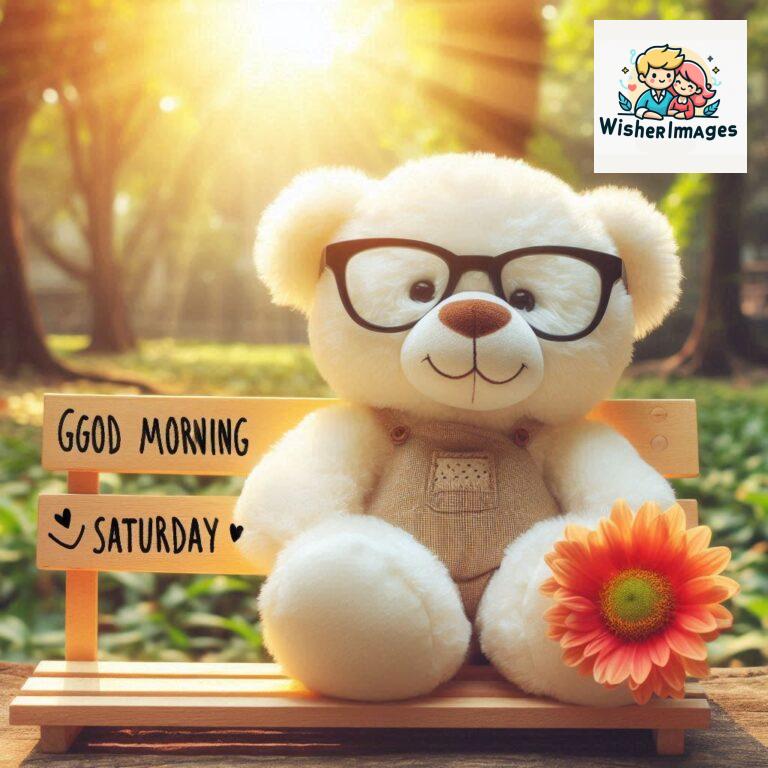 Good-morning-Saturday-free-whatsapp-images-download-A-cute-teddy-bear-reclining-on-a-wooden-bench-An-orange-flower-rests-on-the-bench_125