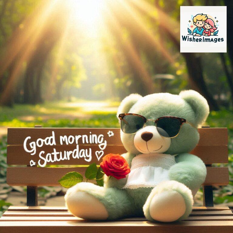 Good-morning-Saturday-free-whatsapp-images-download-A-cute-teddy-bear-reclining-on-a-wooden-bench-An-orange-flower-rests-on-the-bench_126