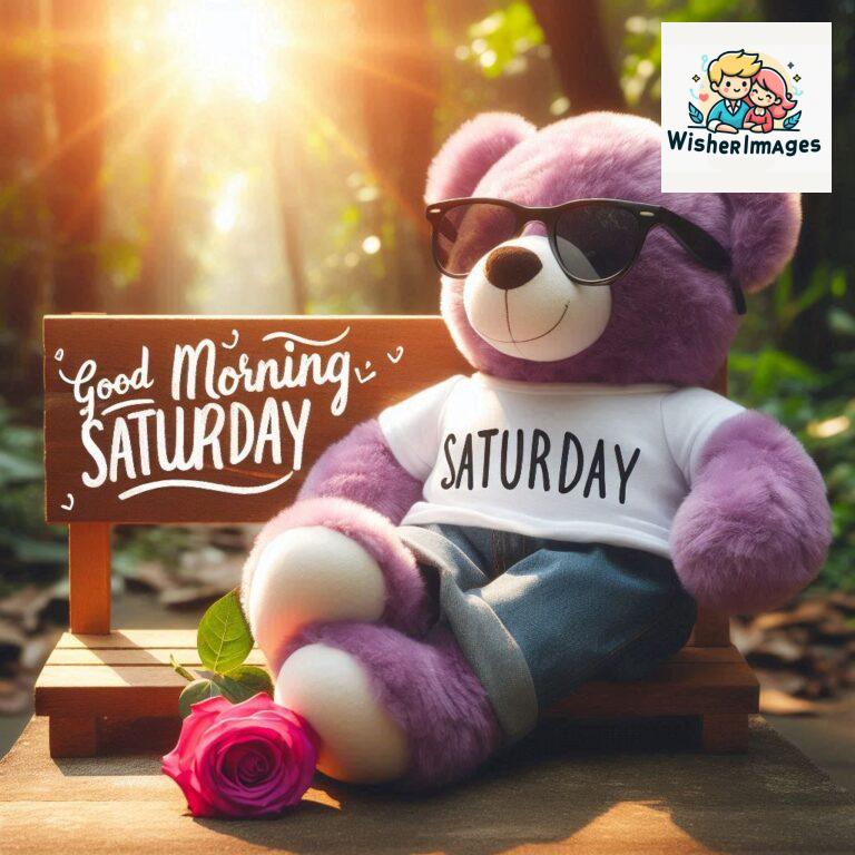 Good-morning-Saturday-free-whatsapp-images-download-A-cute-teddy-bear-reclining-on-a-wooden-bench-An-orange-flower-rests-on-the-bench_127