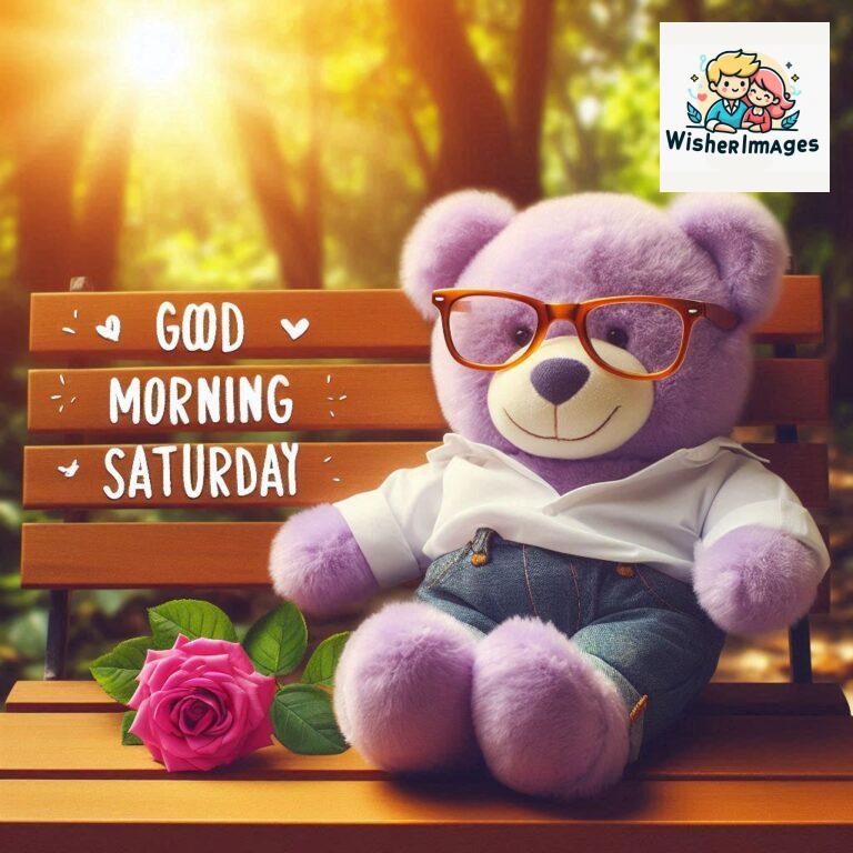 Good-morning-Saturday-free-whatsapp-images-download-A-cute-teddy-bear-reclining-on-a-wooden-bench-An-orange-flower-rests-on-the-bench_13