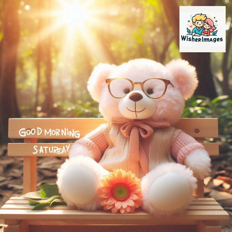 Good-morning-Saturday-free-whatsapp-images-download-A-cute-teddy-bear-reclining-on-a-wooden-bench-An-orange-flower-rests-on-the-bench_134