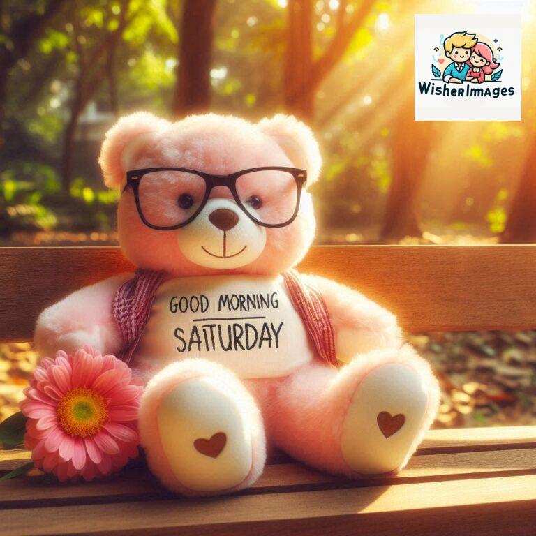 Good-morning-Saturday-free-whatsapp-images-download-A-cute-teddy-bear-reclining-on-a-wooden-bench-An-orange-flower-rests-on-the-bench_135