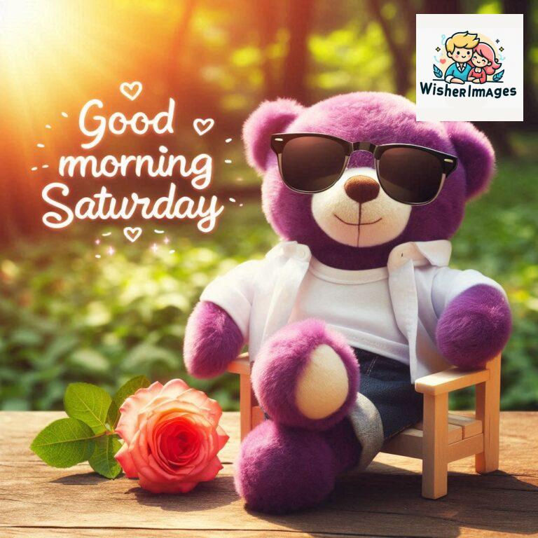 Good-morning-Saturday-free-whatsapp-images-download-A-cute-teddy-bear-reclining-on-a-wooden-bench-An-orange-flower-rests-on-the-bench_136