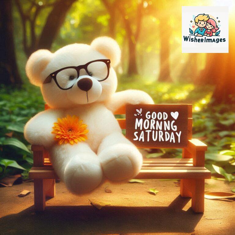 Good-morning-Saturday-free-whatsapp-images-download-A-cute-teddy-bear-reclining-on-a-wooden-bench-An-orange-flower-rests-on-the-bench_138