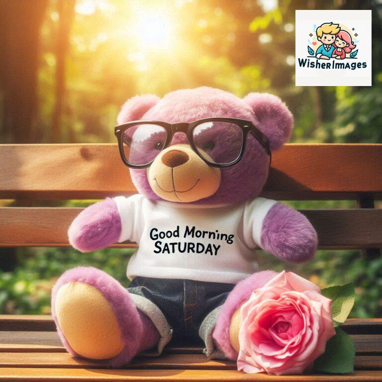 Good-morning-Saturday-free-whatsapp-images-download-A-cute-teddy-bear-reclining-on-a-wooden-bench-An-orange-flower-rests-on-the-bench_139