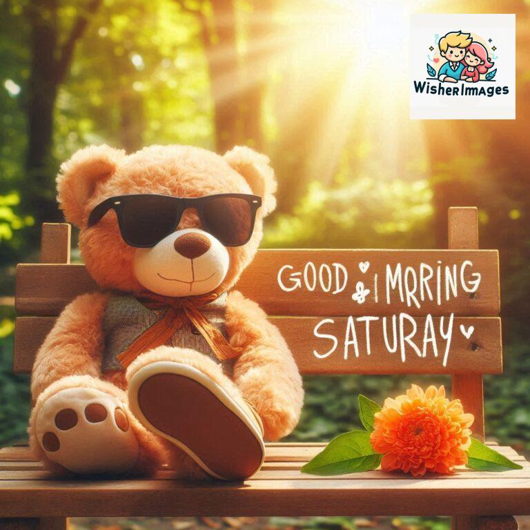 Good-morning-Saturday-free-whatsapp-images-download-A-cute-teddy-bear-reclining-on-a-wooden-bench-An-orange-flower-rests-on-the-bench_14