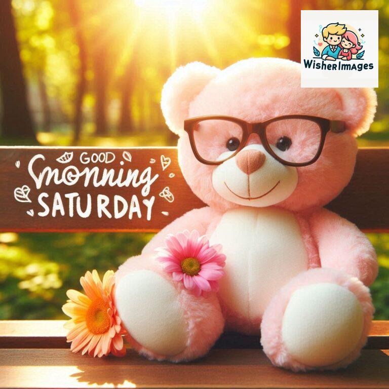 Good-morning-Saturday-free-whatsapp-images-download-A-cute-teddy-bear-reclining-on-a-wooden-bench-An-orange-flower-rests-on-the-bench_145