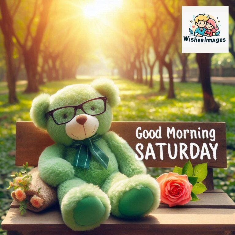 Good-morning-Saturday-free-whatsapp-images-download-A-cute-teddy-bear-reclining-on-a-wooden-bench-An-orange-flower-rests-on-the-bench_146