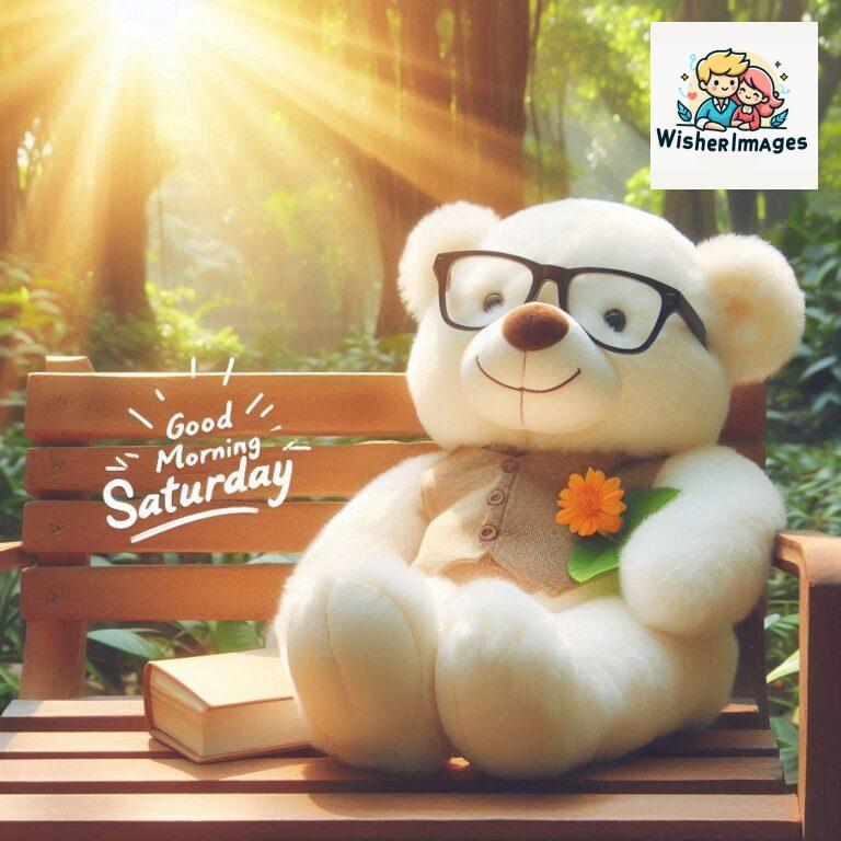 Good-morning-Saturday-free-whatsapp-images-download-A-cute-teddy-bear-reclining-on-a-wooden-bench-An-orange-flower-rests-on-the-bench_147