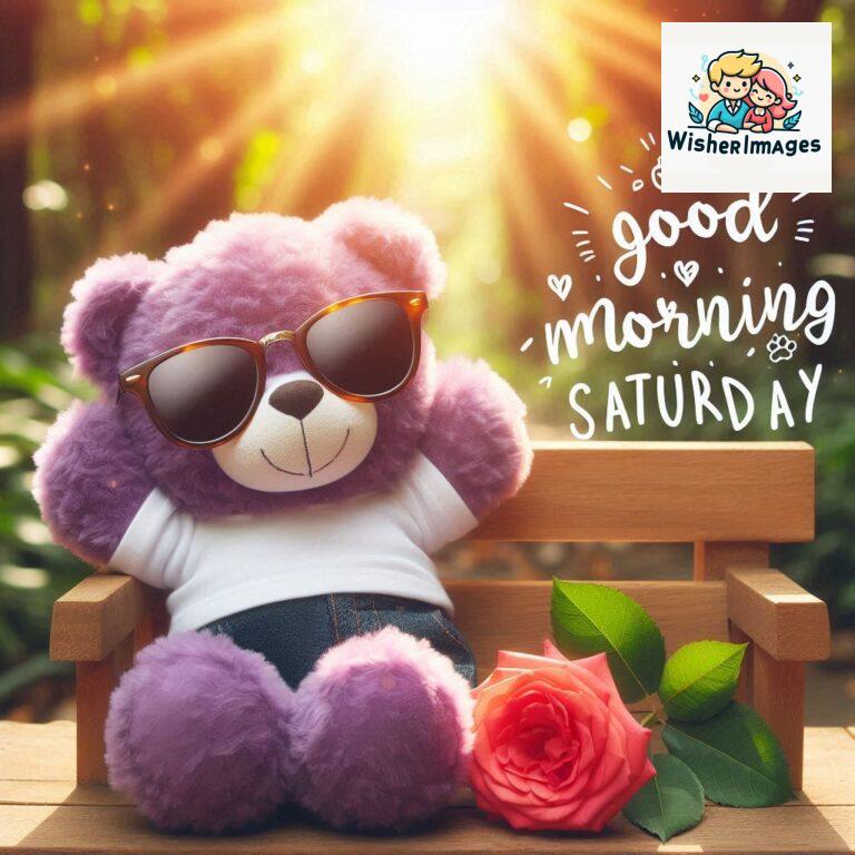 Good-morning-Saturday-free-whatsapp-images-download-A-cute-teddy-bear-reclining-on-a-wooden-bench-An-orange-flower-rests-on-the-bench_150