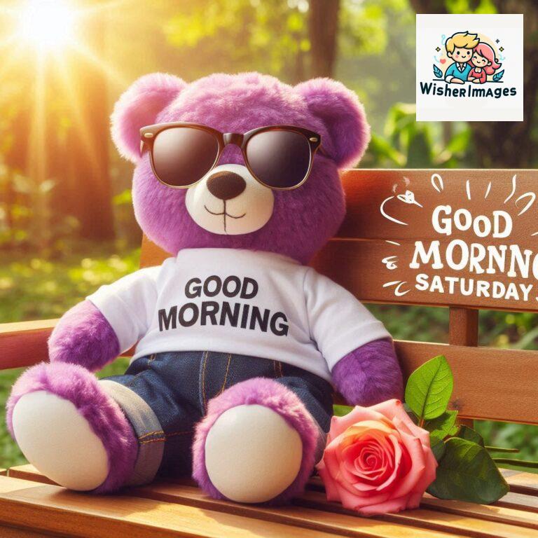 Good-morning-Saturday-free-whatsapp-images-download-A-cute-teddy-bear-reclining-on-a-wooden-bench-An-orange-flower-rests-on-the-bench_151