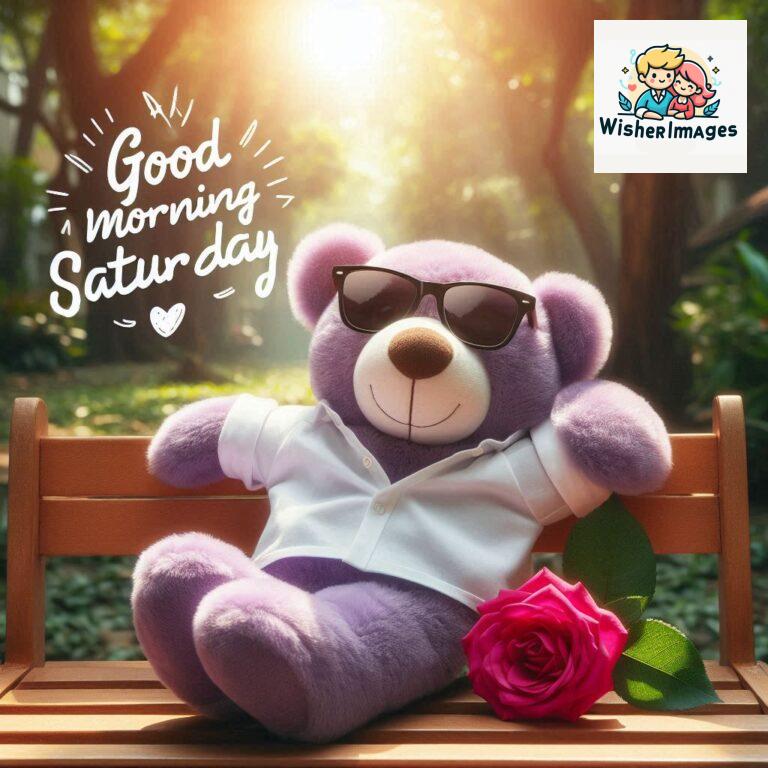 Good-morning-Saturday-free-whatsapp-images-download-A-cute-teddy-bear-reclining-on-a-wooden-bench-An-orange-flower-rests-on-the-bench_153