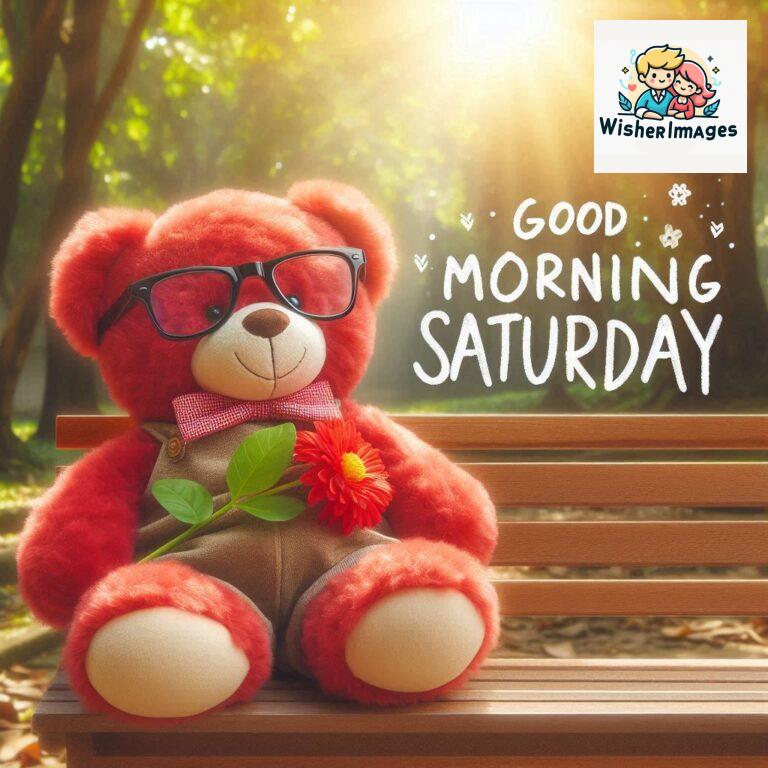 Good-morning-Saturday-free-whatsapp-images-download-A-cute-teddy-bear-reclining-on-a-wooden-bench-An-orange-flower-rests-on-the-bench_155