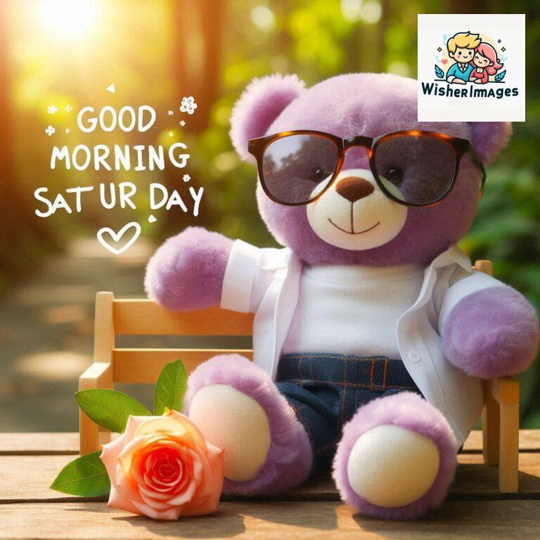 Good-morning-Saturday-free-whatsapp-images-download-A-cute-teddy-bear-reclining-on-a-wooden-bench-An-orange-flower-rests-on-the-bench_156