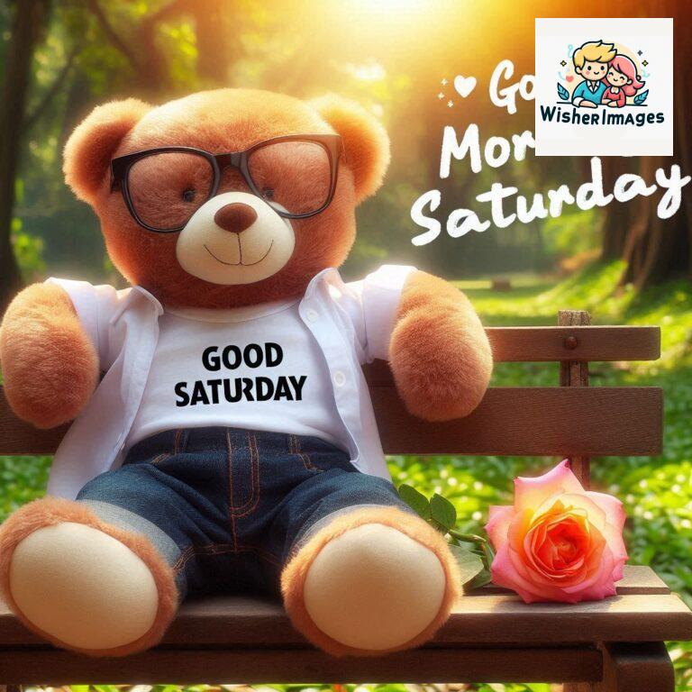 Good-morning-Saturday-free-whatsapp-images-download-A-cute-teddy-bear-reclining-on-a-wooden-bench-An-orange-flower-rests-on-the-bench_157