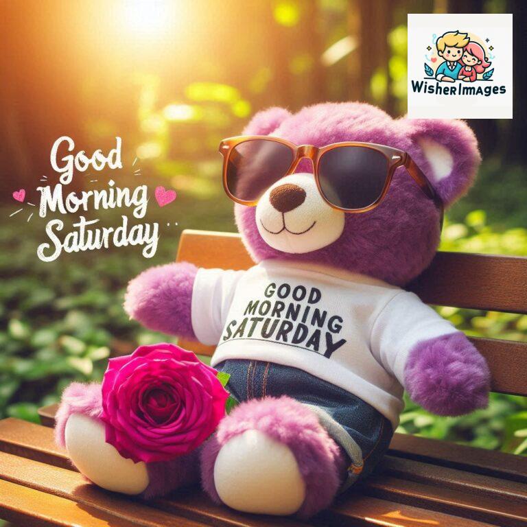 Good-morning-Saturday-free-whatsapp-images-download-A-cute-teddy-bear-reclining-on-a-wooden-bench-An-orange-flower-rests-on-the-bench_158