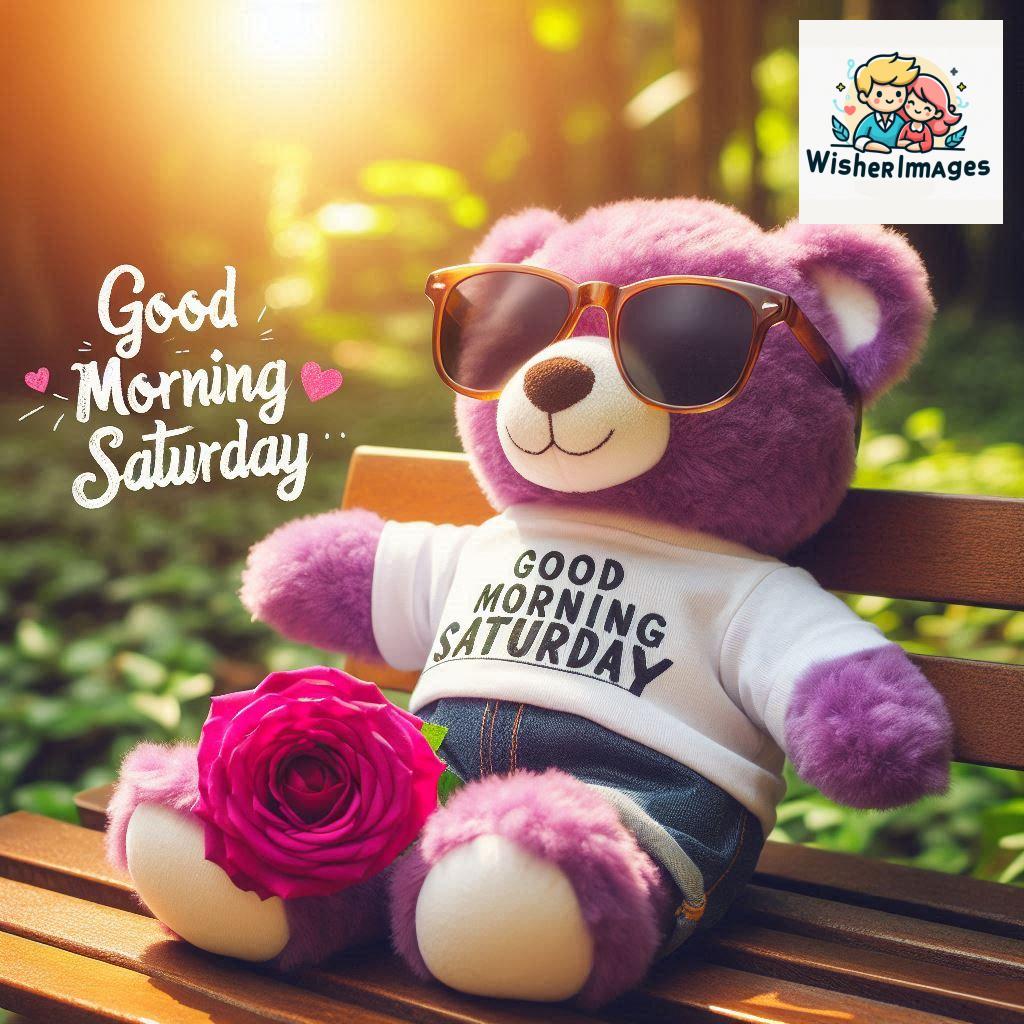 Good morning Saturday free whatsapp images download A cute teddy bear reclining on a wooden bench An orange flower rests on the bench (158)