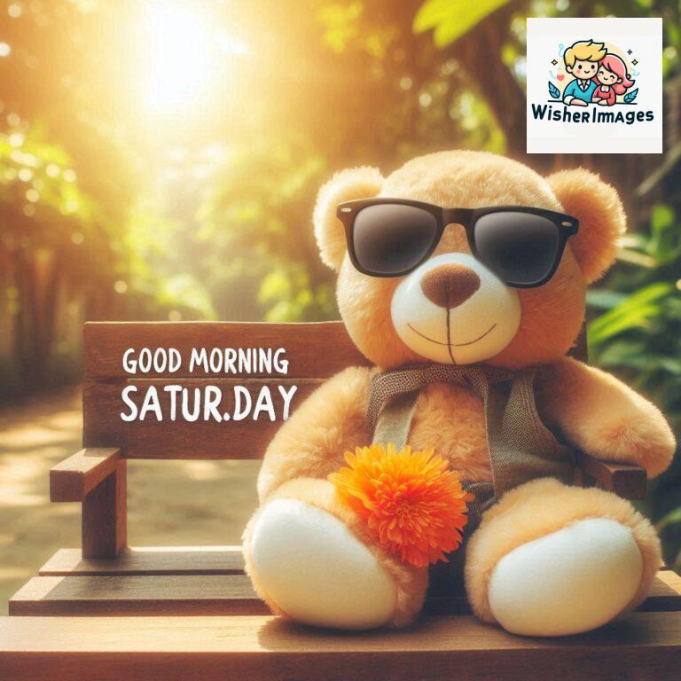 Good-morning-Saturday-free-whatsapp-images-download-A-cute-teddy-bear-reclining-on-a-wooden-bench-An-orange-flower-rests-on-the-bench_16