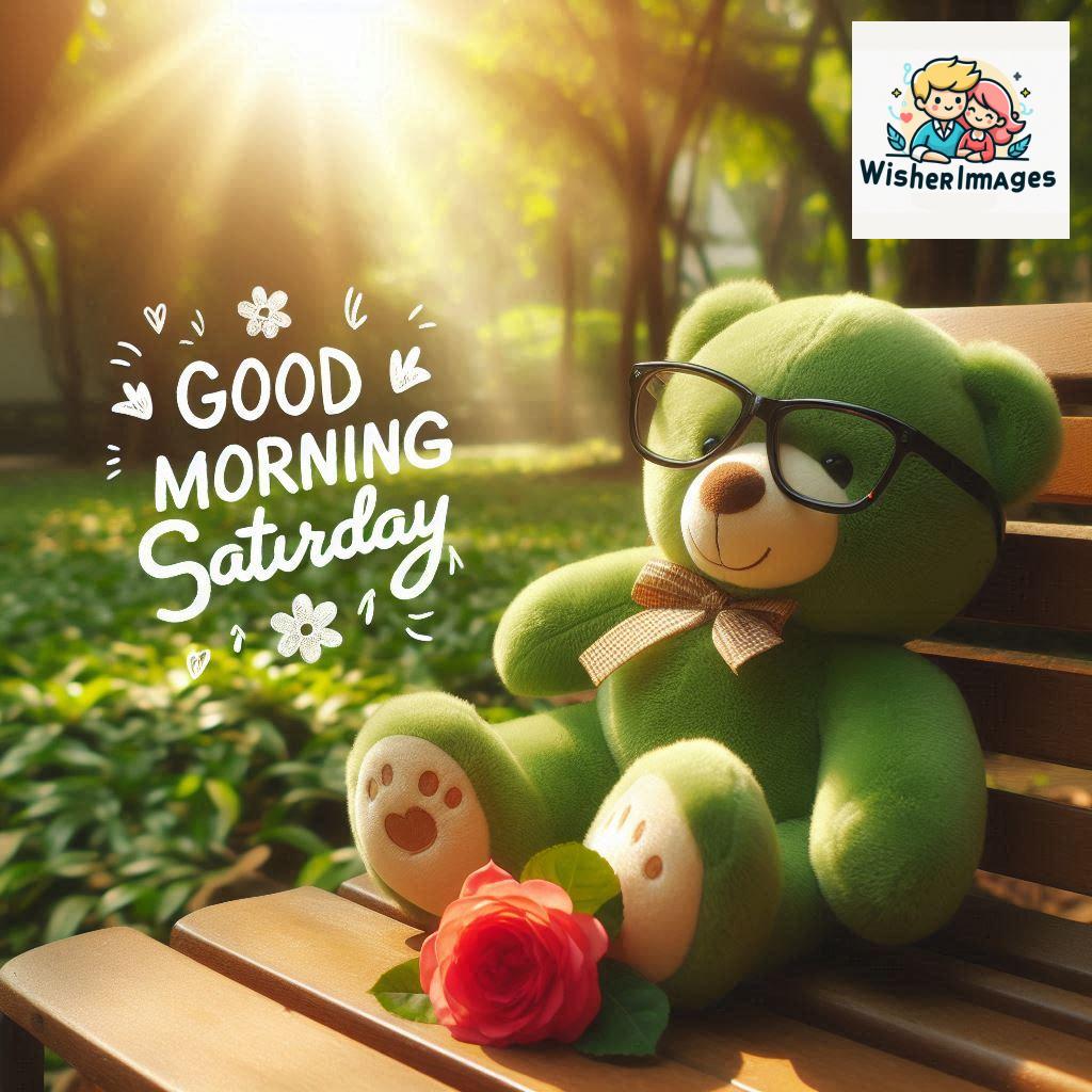 Good morning Saturday free whatsapp images download A cute teddy bear reclining on a wooden bench An orange flower rests on the bench (163)