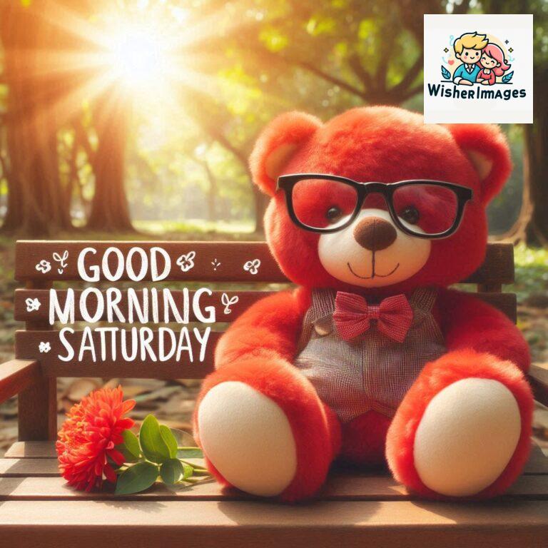 Good-morning-Saturday-free-whatsapp-images-download-A-cute-teddy-bear-reclining-on-a-wooden-bench-An-orange-flower-rests-on-the-bench_167